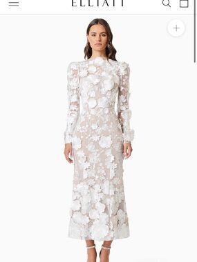Elliatt White 3D Floral Appliqué Long-Sleeve Midi Dress